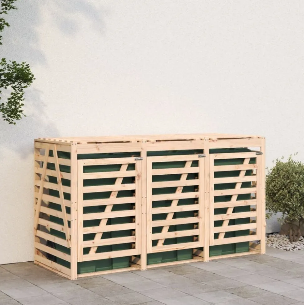 vidaXL Abri pour poubelle triple sur roulettes bois massif de pin