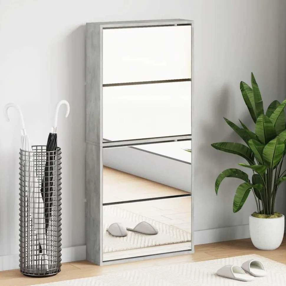 vidaXL Armoire à chaussures et miroir 4 niveaux gris béton 63x17x134cm