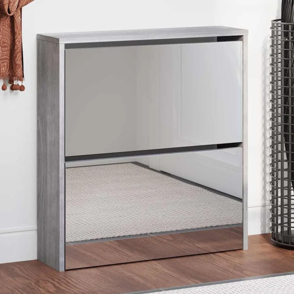 vidaXL Armoire à chaussures miroir 2 niveaux Sonoma gris 63x17x67 cm