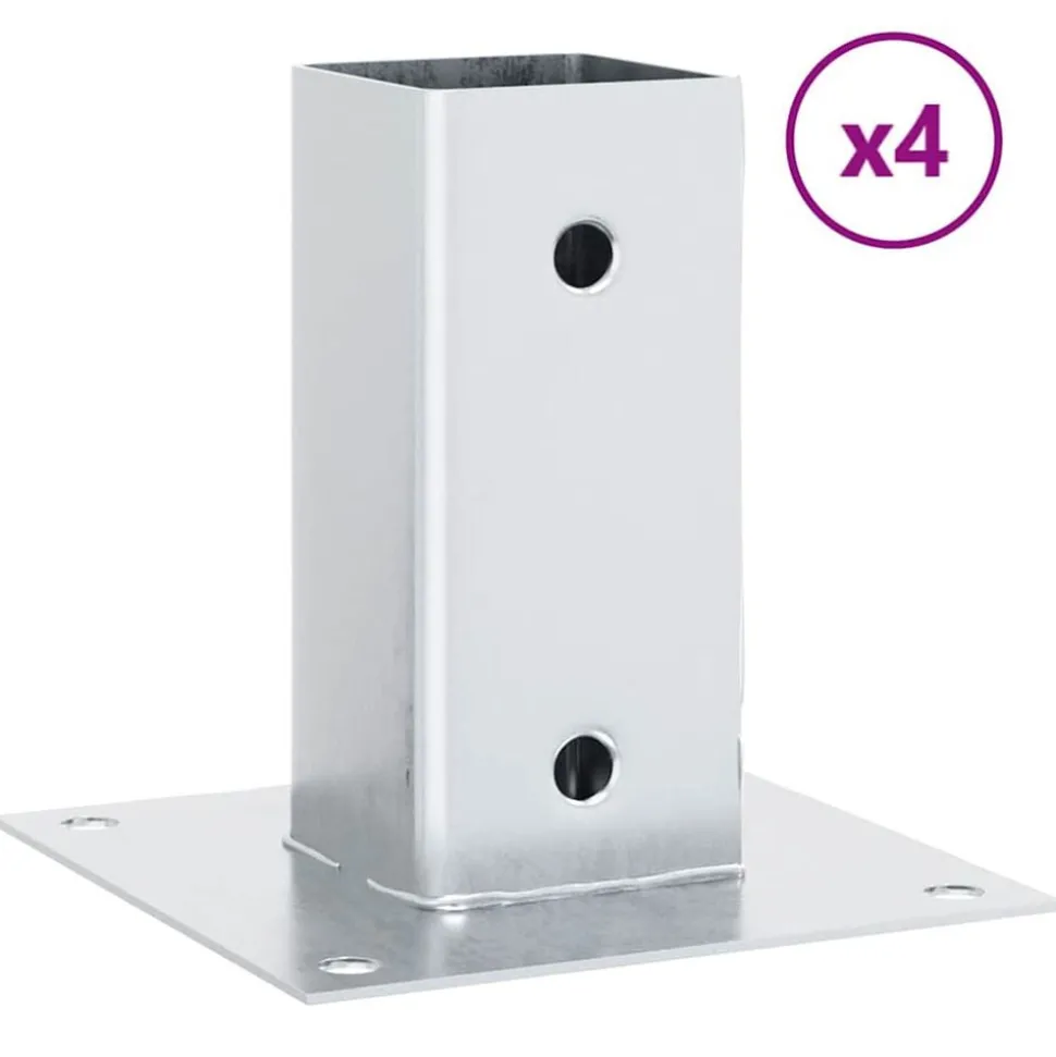 vidaXL Bases de poteau carrées 4 pcs argent 71x71 mm acier galvanisé