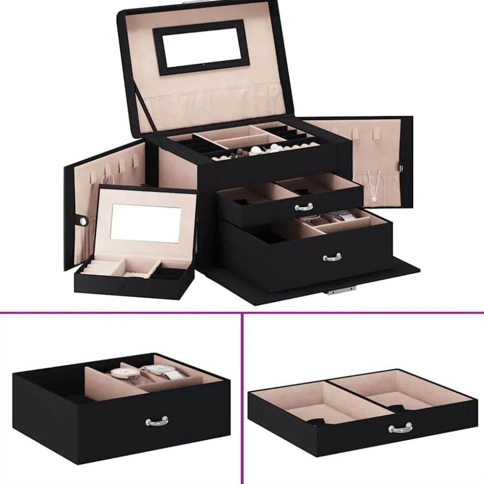 vidaXL Boîte à bijoux 3 niveaux miroir verrouillable noir 26x18x17,5cm