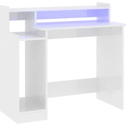 vidaXL Bureau lumières LED Blanc brillant 97x45x90cm Bois d'ingénierie
