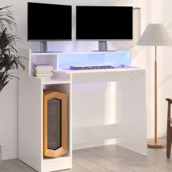 vidaXL Bureau lumières LED Blanc brillant 97x45x90cm Bois d'ingénierie