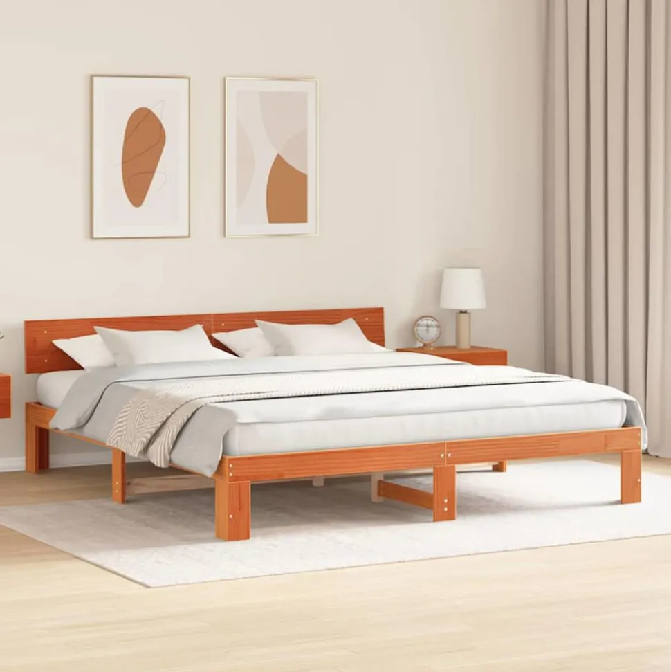 vidaXL Cadre de lit avec tête de lit Brun cire 200 x 200 cm Pin massif