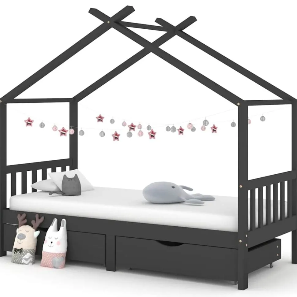 vidaXL Cadre de lit d'enfant avec tiroirs Gris foncé Pin 90x200 cm