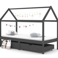 vidaXL Cadre de lit d'enfant avec tiroirs Gris foncé Pin 90x200 cm