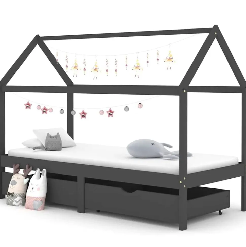 vidaXL Cadre de lit d'enfant avec tiroirs Gris foncé Pin 90x200 cm