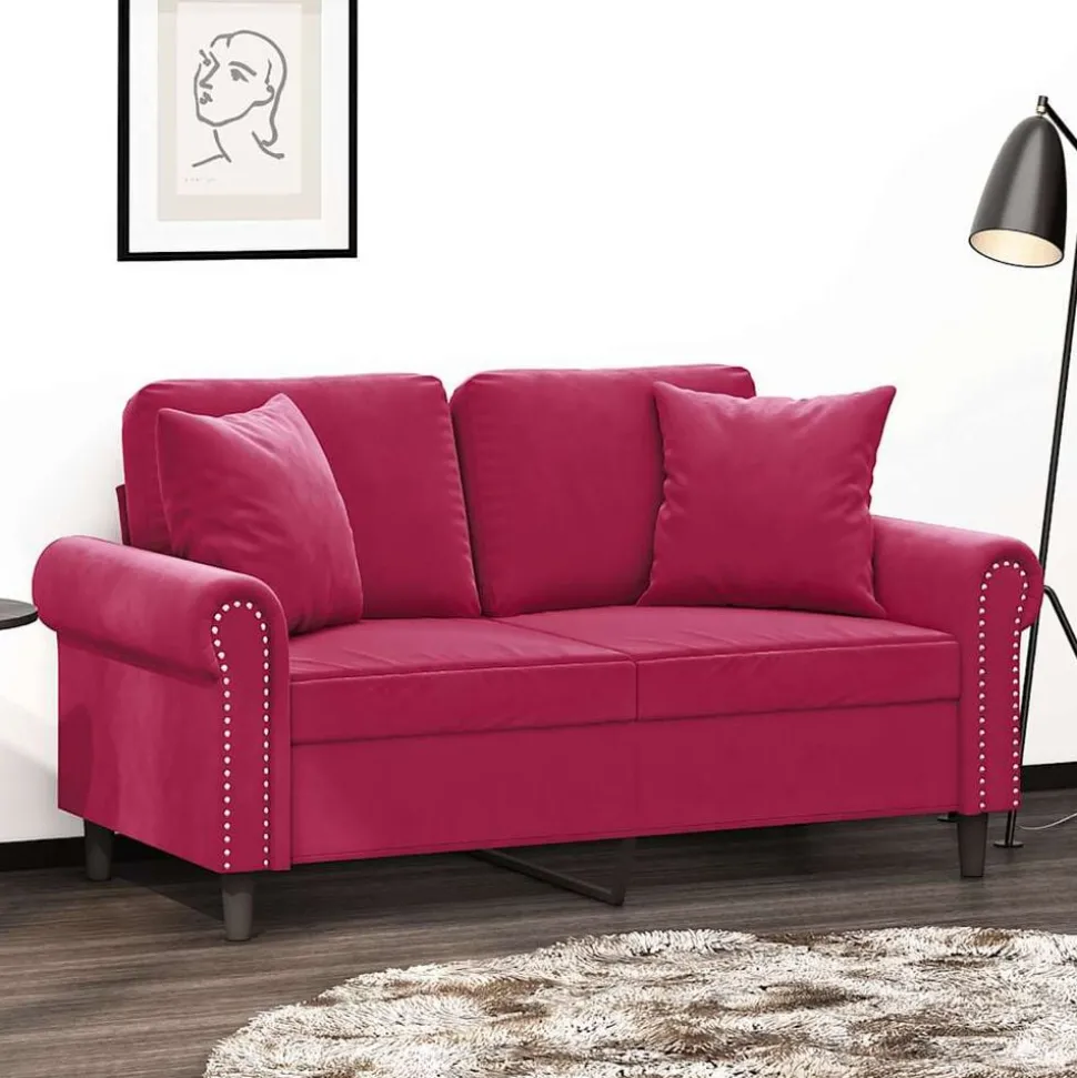 vidaXL Canapé 2 places avec oreillers bordeaux 120 cm velours