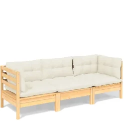 vidaXL Canapé 3 places de jardin et coussins crème Bois de pin solide