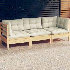 vidaXL Canapé 3 places de jardin et coussins crème Bois de pin solide