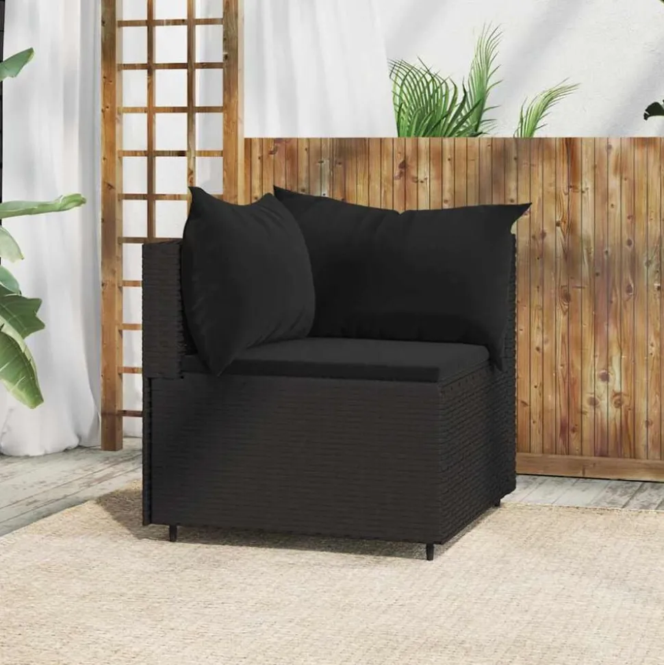 vidaXL Canapé d'angle de jardin avec coussins Noir Résine tressée