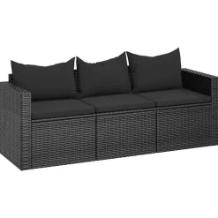 vidaXL Canapé de jardin à 3 places avec coussins noir résine tressée