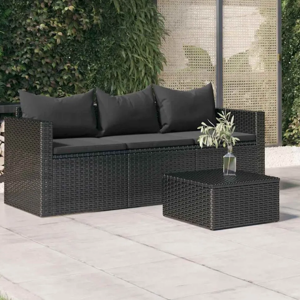 vidaXL Canapé de jardin à 3 places avec coussins noir résine tressée