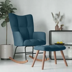 vidaXL Chaise à bascule avec tabouret en velours bleu
