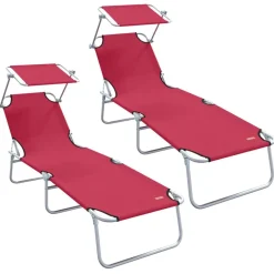 vidaXL Chaise longue pliable avec auvent acier et tissu rouge