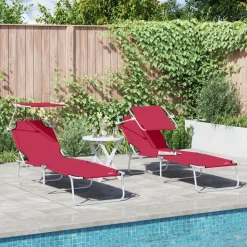 vidaXL Chaise longue pliable avec auvent acier et tissu rouge
