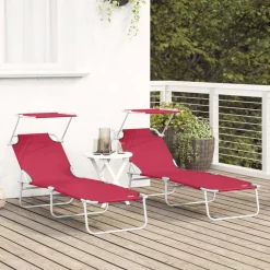 vidaXL Chaise longue pliable avec auvent acier et tissu rouge