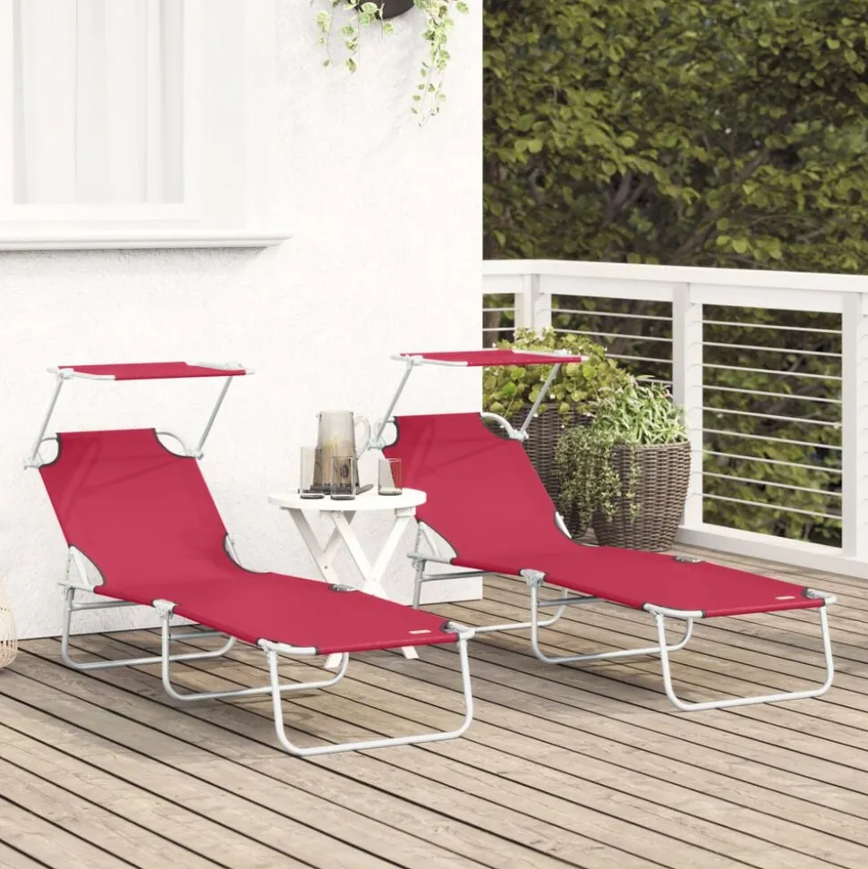 vidaXL Chaise longue pliable avec auvent acier et tissu rouge