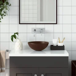 vidaXL Lavabo de salle de bain Céramique Marron Rond