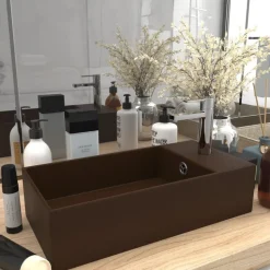 vidaXL Lavabo de salle de bain avec trop-plein Céramique Marron foncé