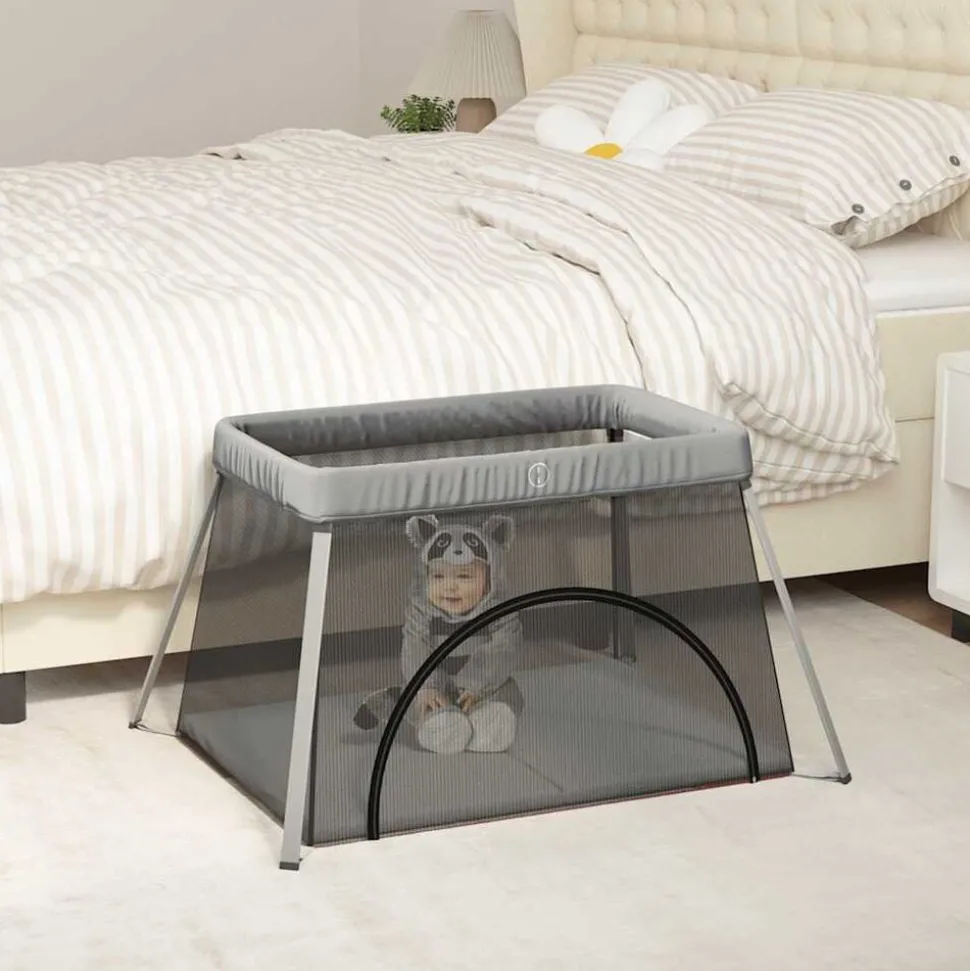 vidaXL Parc pour bébé avec matelas Gris clair Tissu de lin