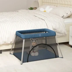 vidaXL Parc pour bébé avec matelas Bleu marine Tissu de lin