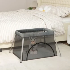vidaXL Parc pour bébé avec matelas Gris foncé Tissu de lin