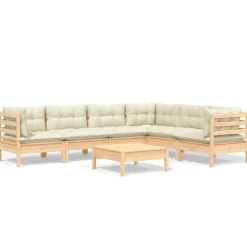 vidaXL Salon de jardin 7 pcs avec coussins crème bois de pin massif
