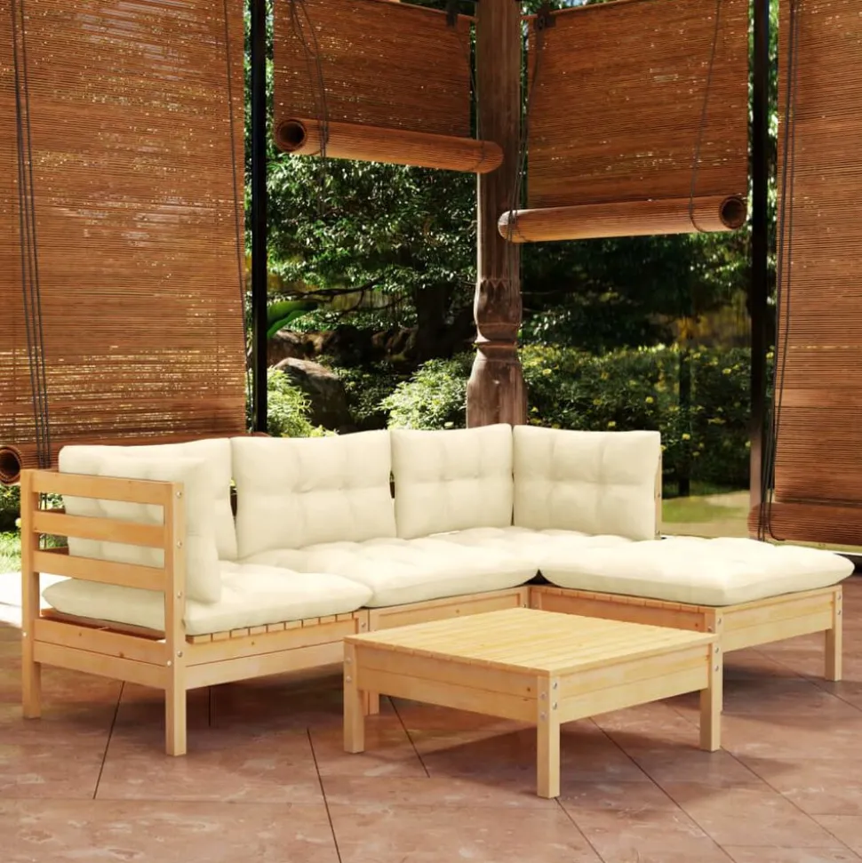 vidaXL Salon de jardin 5 pcs avec coussins crème bois de pin