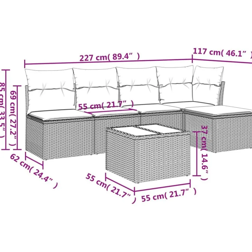 vidaXL Salon de jardin avec coussins 6 pcs marron résine tressée