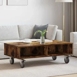 vidaXL Table d'appoint avec roues Chêne fumé 90 x 50 x 30 cm