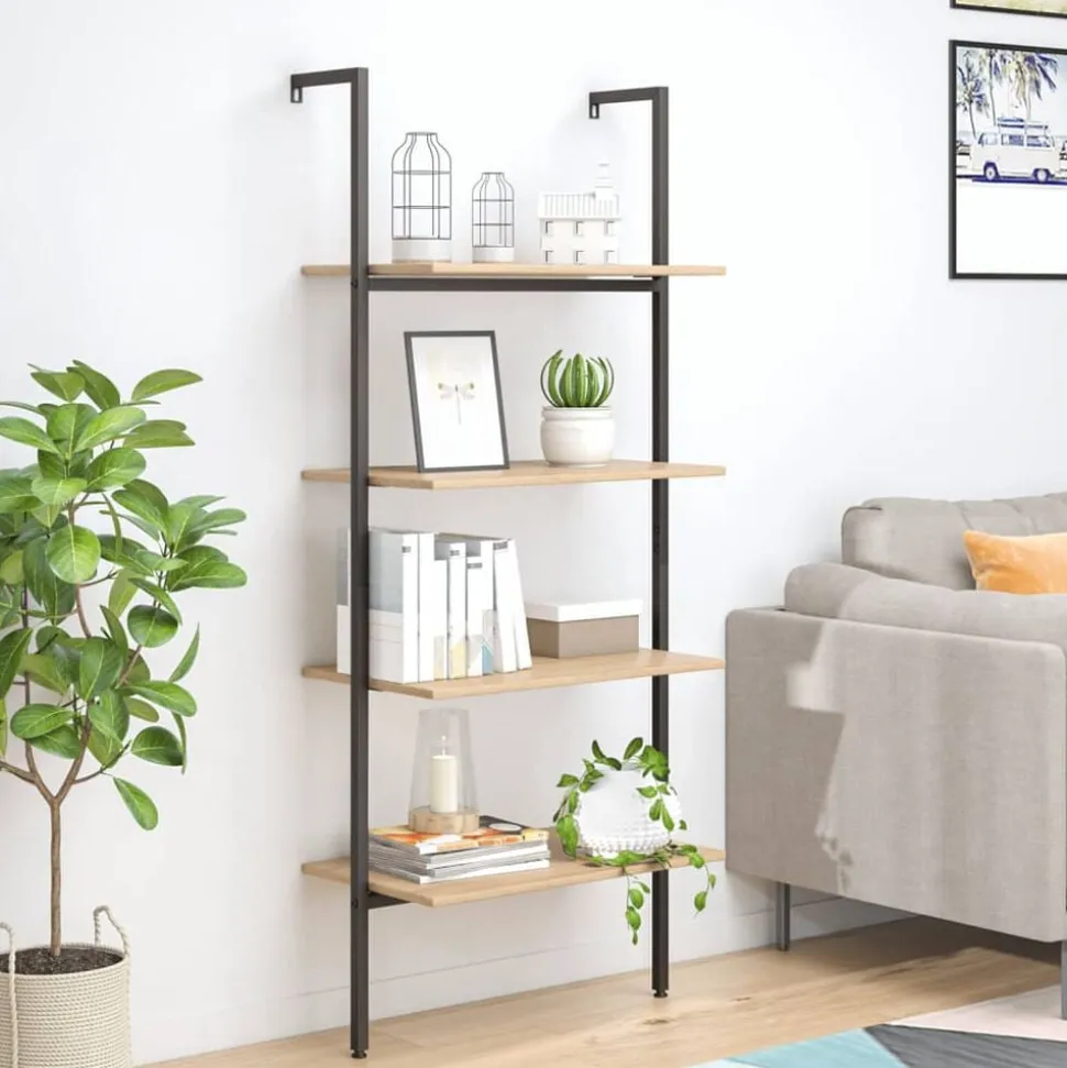 vidaXL Étagère inclinée à 4 niveaux Marron clair et noir 64x35x152,5cm