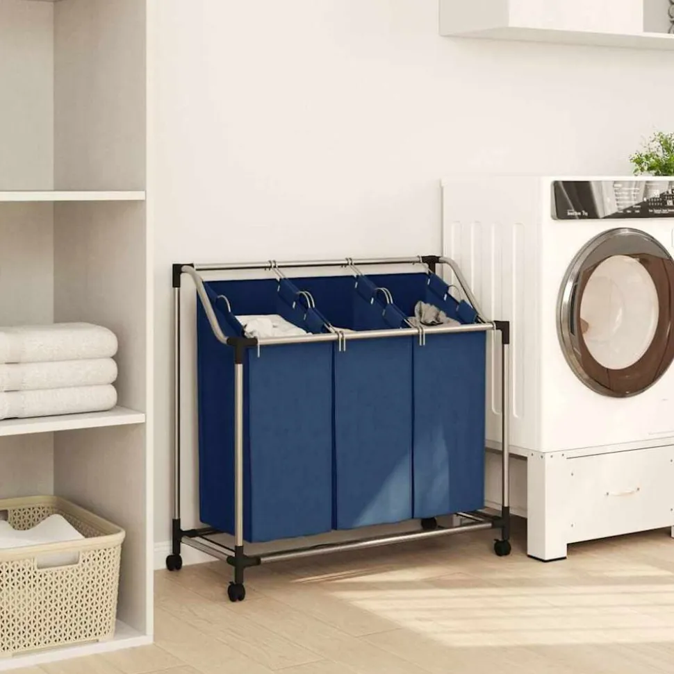 vidaXL Trieuse à linge avec 3 sacs Bleu Acier