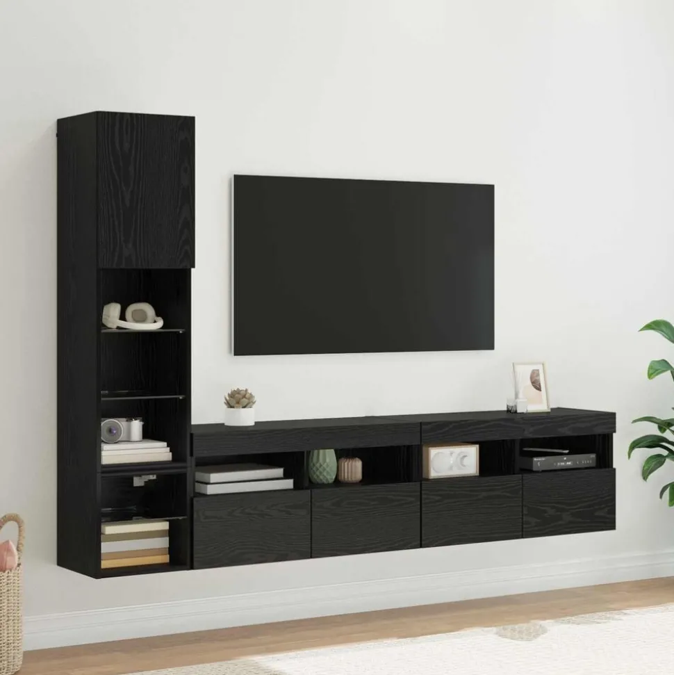 vidaXL Unité murale de TV avec LED 4 pcs Chêne noir Bois d'ingénierie