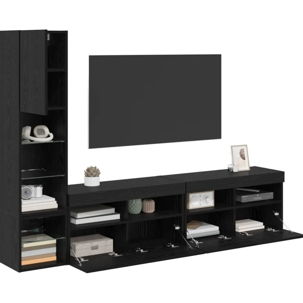 vidaXL Unité murale de TV avec LED 4 pcs Chêne noir Bois d'ingénierie